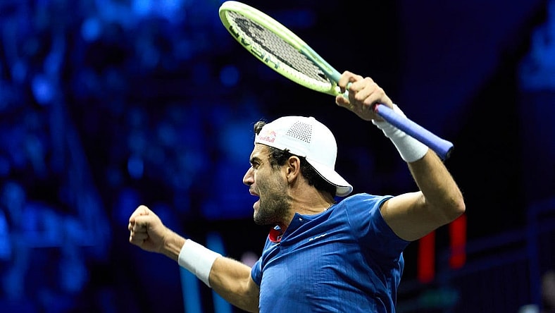 Sep 24, 2022; London, United Kingdom;Matteo Berrettini (ITA) celebrates winning against Felix Auger-Aliassime (CAN) in a Laver Cup singles match.  Mandatory Credit: Peter van den Berg-USA TODAY Sports