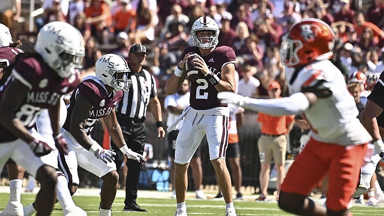 Sep 24, 2022; Starkville, Mississippi, USA; Mississippi State Bulldogs quarterback Will Rogers (2) looks to pass against the Bowling Green Falcons during the first quarter at Davis Wade Stadium at Scott Field. Mandatory Credit: Matt Bush-USA TODAY Sports