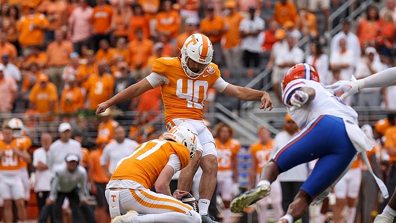 Sep 24, 2022; Knoxville, Tennessee, USA; Tennessee Volunteers place kicker Chase McGrath (40) kicks a field goal against the Florida Gators during the first quarter at Neyland Stadium. Mandatory Credit: Randy Sartin-USA TODAY Sports