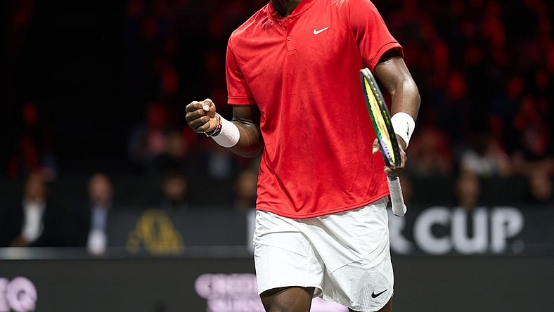 Sep 24, 2022; London, United Kingdom;Frances Tiafoe (USA) reacts to a point against Novak Djokovic (SRB) in a Laver Cup singles match.  Mandatory Credit: Peter van den Berg-USA TODAY Sports