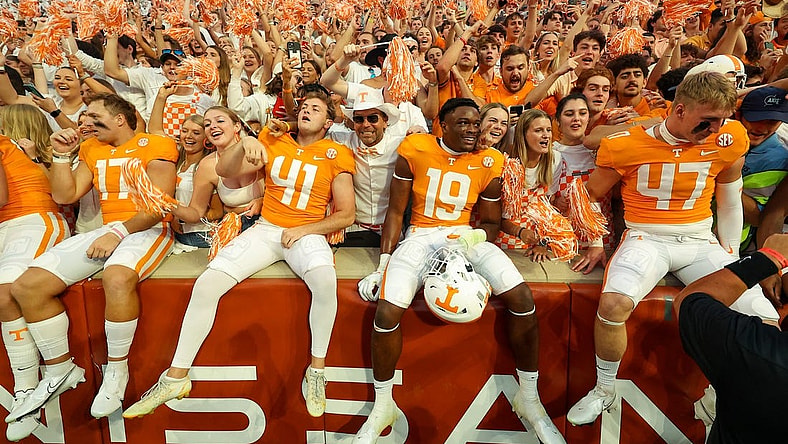 Sep 24, 2022; Knoxville, Tennessee, USA; Tennessee Volunteers players celebrate with fans after the game against the Florida Gators at Neyland Stadium. Mandatory Credit: Randy Sartin-USA TODAY Sports