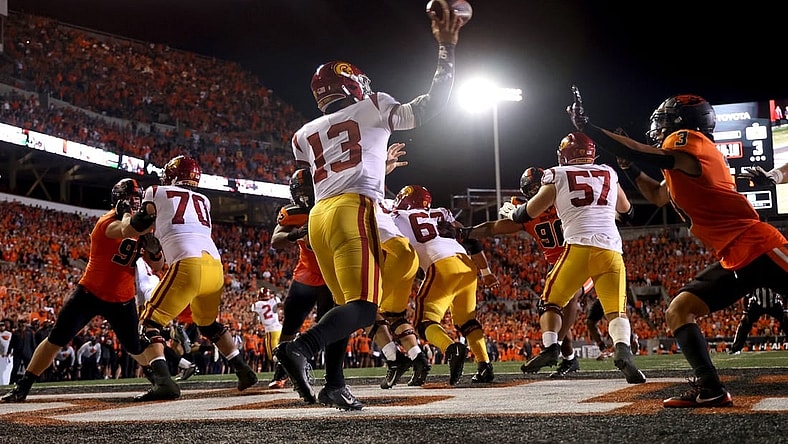 Sep 24, 2022; Corvallis, Oregon, USA;  USC Trojans quarterback Caleb Williams (13) throws from the end zone against the Oregon State Beavers in the second half at Reser Stadium. Mandatory Credit: Jaime Valdez-USA TODAY Sports