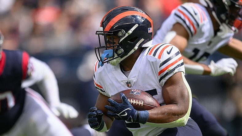 Sep 25, 2022; Chicago, Illinois, USA; Chicago Bears running back Khalil Herbert (24) runs the ball in the second quarter against the Houston Texans at Soldier Field. Mandatory Credit: Daniel Bartel-USA TODAY Sports