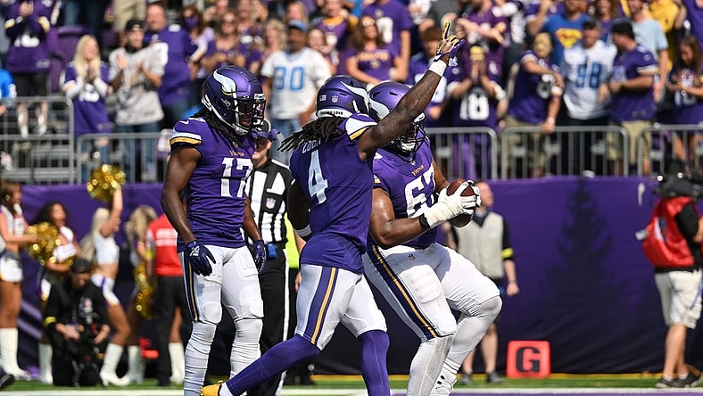 Sep 25, 2022; Minneapolis, Minnesota, USA; Minnesota Vikings running back Dalvin Cook (4) and wide receiver K.J. Osborn (17) and guard Ed Ingram (67) react after a touchdown against the Detroit Lions during the second quarter at U.S. Bank Stadium. Mandatory Credit: Jeffrey Becker-USA TODAY Sports