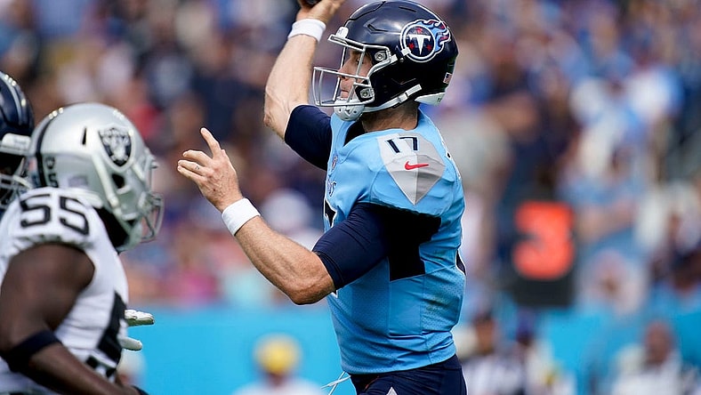 Tennessee Titans quarterback Ryan Tannehill (17) throws an interception during the third quarter at Nissan Stadium Sunday, Sept. 25, 2022, in Nashville, Tenn.

Nfl Las Vegas Raiders At Tennessee Titans