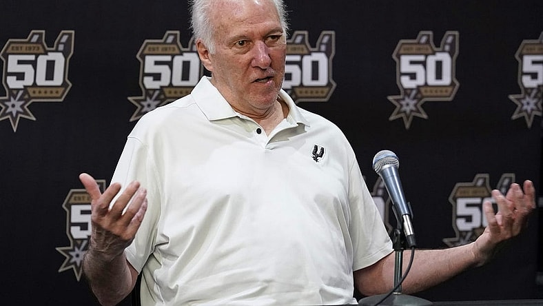 Sep 26, 2022; San Antonio, TX, USA; San Antonio Spurs head coach Gregg Popovich talks to the media during Media Day. Mandatory Credit: Scott Wachter-USA TODAY Sports