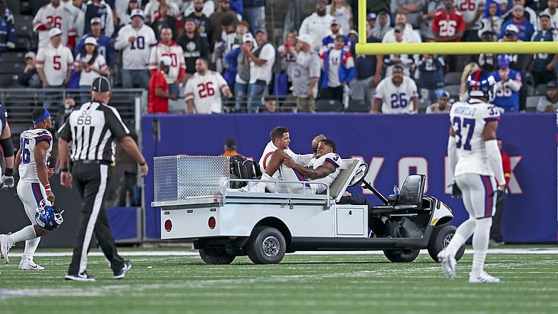 Sep 26, 2022; East Rutherford, New Jersey, USA;  New York Giants wide receiver Sterling Shepard (3) leaves on a cart after injuring himself during the second half against the Dallas Cowboys at MetLife Stadium. Mandatory Credit: Brad Penner-USA TODAY Sports
