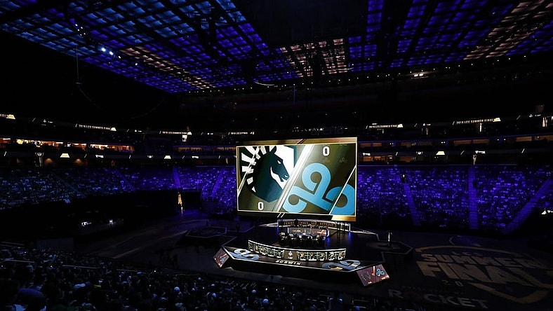 Aug 25, 2019; Detroit, MI, USA; The logos of both teams up on the screen just before the LCS Summer Finals event between Team Liquid and Team Cloud9 at Little Caesars Arena. Mandatory Credit: Raj Mehta-USA TODAY Sports