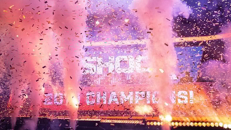 Sep 29, 2019; Philadelphia, PA, USA; The San Francisco Shock celebrate their victory in the 2019 Overwatch League Grand Finals e-sports championship against the Vancouver Titans at Wells Fargo Center. Mandatory Credit: Bill Streicher-USA TODAY Sports