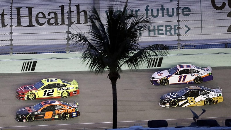 Jun 14, 2020; Homestead, Florida, USA; A general view as drivers race during the NASCAR Cup series race at Homestead-Miami Speedway. Mandatory Credit: Wilfredo Lee/Pool Photo via USA TODAY Network