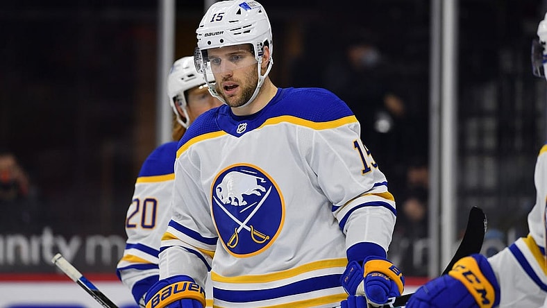Apr 11, 2021; Philadelphia, Pennsylvania, USA; Buffalo Sabres winger Riley Sheahan (15) looks on in the second period against the Philadelphia Flyers at Wells Fargo Center. Mandatory Credit: Kyle Ross-USA TODAY Sports