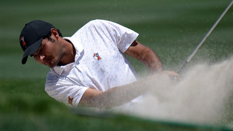 Jun 1, 2021; Scottsdale, Arizona, USA; Oklahoma State University golfer Eugenio Lopez-Chacarra hits out of the  first bunker during the NCAA Men's Golf Championship Semifinal at Grayhawk Golf Course. Mandatory Credit: Joe Camporeale-USA TODAY Sports