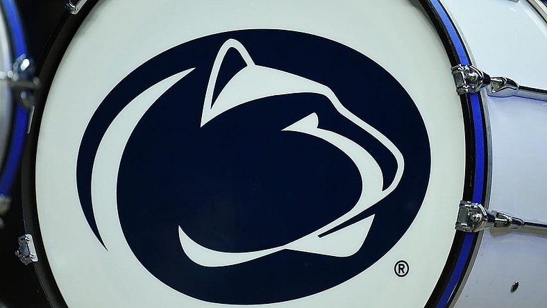 Dec 1, 2021; University Park, Pennsylvania, USA; General view of the Penn State Nittany Lions logo on a bass drum prior to the game against the Miami Hurricanes at the Bryce Jordan Center. Mandatory Credit: Rich Barnes-USA TODAY Sports