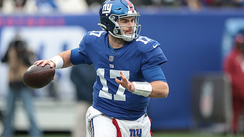 Jan 9, 2022; East Rutherford, New Jersey, USA; New York Giants quarterback Jake Fromm (17) throws the ball against the Washington Football Team during the first half at MetLife Stadium. Mandatory Credit: Vincent Carchietta-USA TODAY Sports