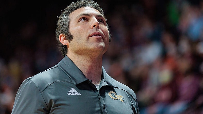 Feb 2, 2022; Blacksburg, Virginia, USA; Georgia Tech Yellow Jackets head coach Josh Pastner looks on prior to a game against the Virginia Tech Hokies at Cassell Coliseum. Mandatory Credit: Ryan Hunt-USA TODAY Sports