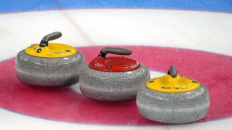 Feb 18, 2022; Beijing, China; A view of the stones used in the men's curling bronze medal game during the Beijing 2022 Olympic Winter Games at National Aquatics Center. Mandatory Credit: Andrew P. Scott-USA TODAY Sports