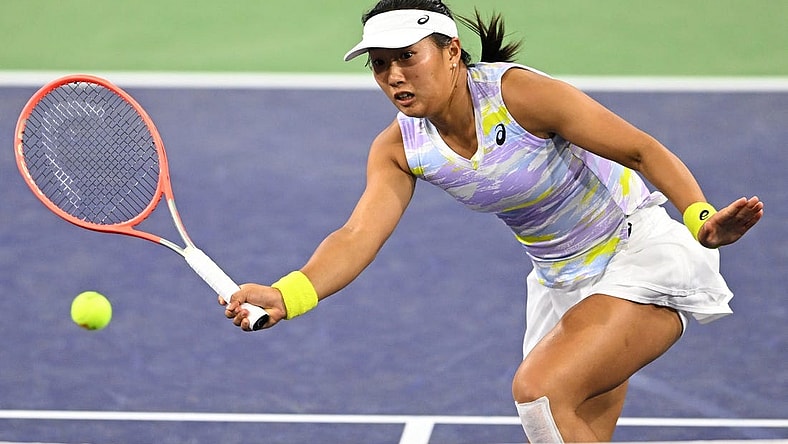 Mar 11, 2022; Indian Wells, CA, USA; Claire Liu (USA) hits a shot against Coco Gauff (not pictured) in her 2nd round match at the BNP Paribas Open at the Indian Wells Tennis Garden. Mandatory Credit: Jayne Kamin-Oncea-USA TODAY Sports