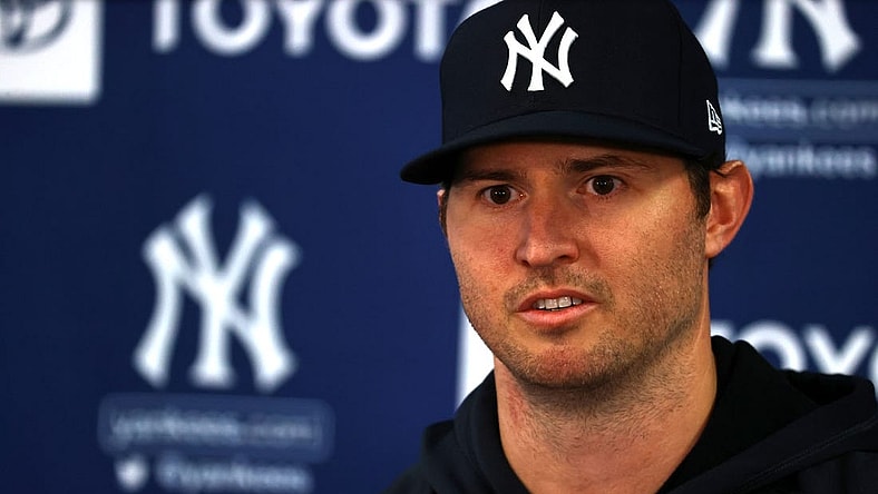Mar 14, 2022; Tampa, FL, USA; New York Yankees relief pitcher Zack Britton (53) talks during a press conference at George M. Steinbrenner Field. Mandatory Credit: Kim Klement-USA TODAY Sports