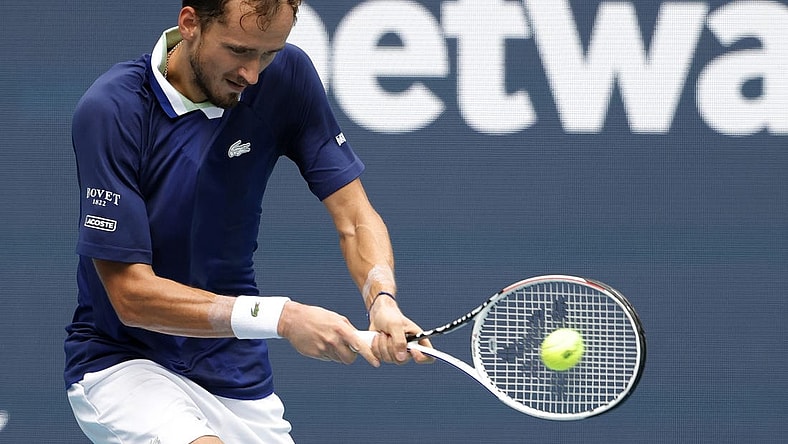 Mar 31, 2022; Miami Gardens, FL, USA; Daniil Medvedev serves against Hubert Hurkacz (POL)(not pictured) in a men's singles quarterfinal in the Miami Open at Hard Rock Stadium. Mandatory Credit: Geoff Burke-USA TODAY Sports