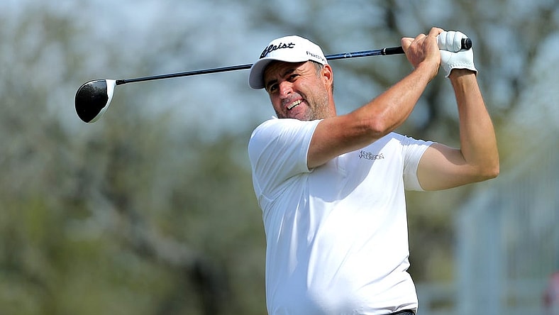 Apr 3, 2022; San Antonio, Texas, USA; Richard Bland hits a tee shot at the first hole during the final round of the Valero Texas Open golf tournament. Mandatory Credit: Erik Williams-USA TODAY Sports