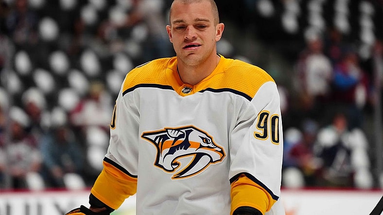 May 5, 2022; Denver, Colorado, USA; Nashville Predators defenseman Mark Borowiecki (90) warms up before game two of the first round of the 2022 Stanley Cup Playoffs against the Colorado Rockies at Ball Arena. Mandatory Credit: Ron Chenoy-USA TODAY Sports