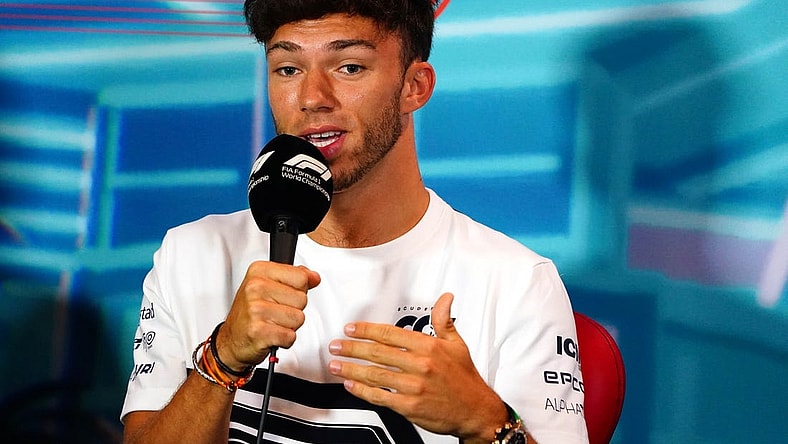 May 6, 2022; Miami Gardens, Florida, USA; AlphaTauri driver Pierre Gasly of France talks with the media during a press conference before their practice session for the Miami Grand Prix at Miami International Autodrome. Mandatory Credit: John David Mercer-USA TODAY Sports
