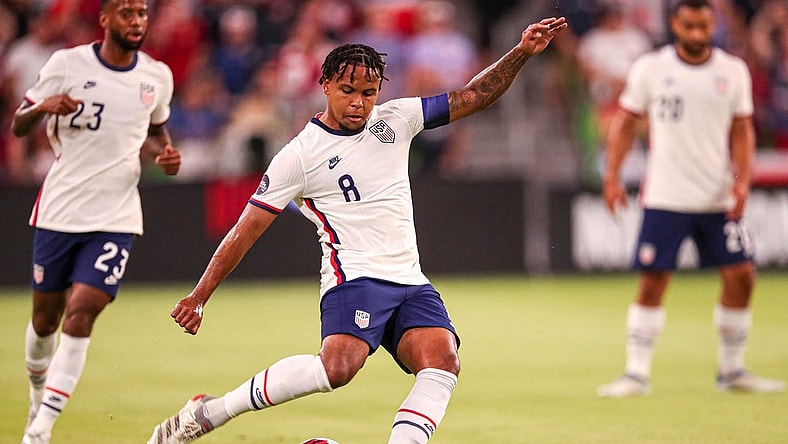 United States midfielder Weston McKennie (8) shoots the ball during the match against Grenada at Q2 Stadium in Austin, Texas on June 10, 2022.

Aem Usmnt Vs Grenada 061022 18