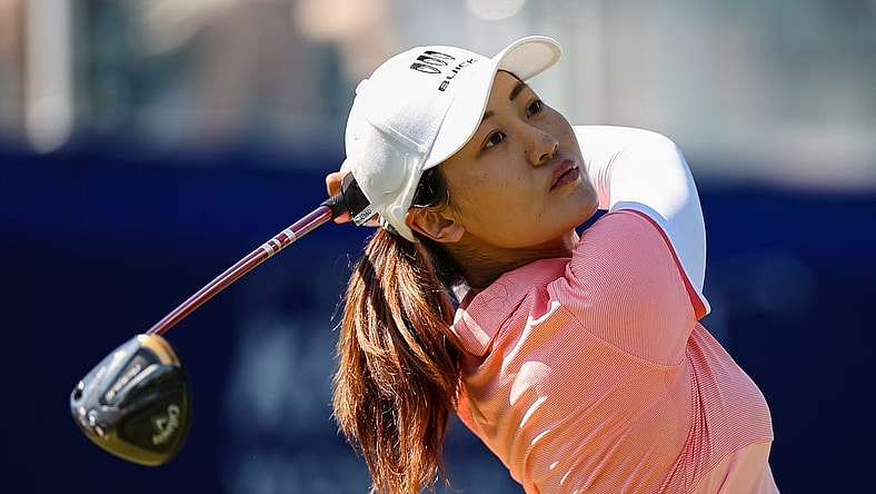Jun 25, 2022; Bethesda, Maryland, USA; Xiyu Lin plays her shot from the first tee during the third round of the KPMG Women's PGA Championship golf tournament at Congressional Country Club. Mandatory Credit: Scott Taetsch-USA TODAY Sports