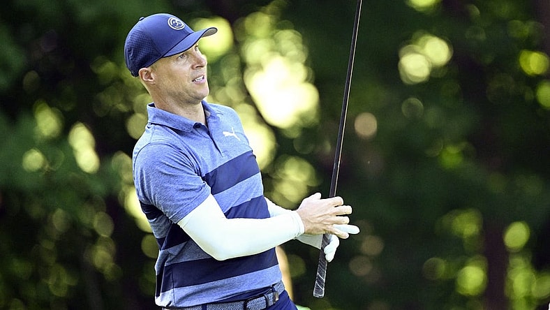 Jun 30, 2022; Silvis, Illinois, USA; Ben Crane of Portland Oregon hits his tee shot on the sixth hole during the first round of the John Deere Classic golf tournament. Mandatory Credit: Marc Lebryk-USA TODAY Sports