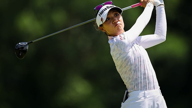 Jun 25, 2022; Bethesda, Maryland, USA; Lydia Ko plays her shot from the fifth tee during the third round of the KPMG Women's PGA Championship golf tournament at Congressional Country Club. Mandatory Credit: Scott Taetsch-USA TODAY Sports