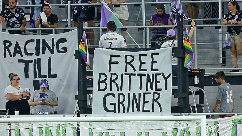 Aug 5, 2022; Louisville, Kentucky, USA; A sign supporting Brittney Griner (not pictured), who has recently been sentenced to nine years in prison in Russia, is displayed during the first half of the game between the Washington Spirit and Racing Louisville FC at Lynn Family Stadium. Mandatory Credit: EM Dash-USA TODAY Sports