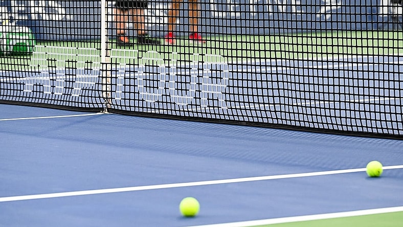 Aug 8, 2022; Montreal, Quebec, Canada; View of an ATP Tour logo on a net on central court before first round play at IGA Stadium. Mandatory Credit: David Kirouac-USA TODAY Sports