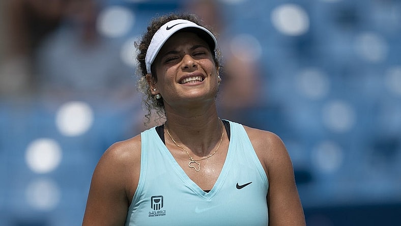 Aug 15, 2022; Cincinnati, OH, USA; Mayar Sherif (EGY) reacts to a point during her match against Elena Rybakina (KAZ) at the Western & Southern at the Lindner Family Tennis Center. Mandatory Credit: Susan Mullane-USA TODAY Sports
