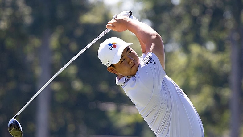 Aug 18, 2022; Wilmington, Delaware, USA; Joohyung Kim plays his shot from the third tee during the first round of the BMW Championship golf tournament. Mandatory Credit: Bill Streicher-USA TODAY Sports