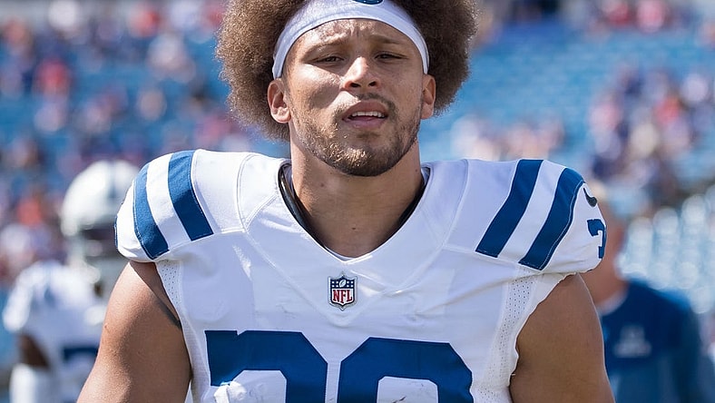 Aug 13, 2022; Orchard Park, New York, USA; Indianapolis Colts running back Phillip Lindsay (30) warms up before a pre-season game against the Buffalo Bills at Highmark Stadium. Mandatory Credit: Mark Konezny-USA TODAY Sports