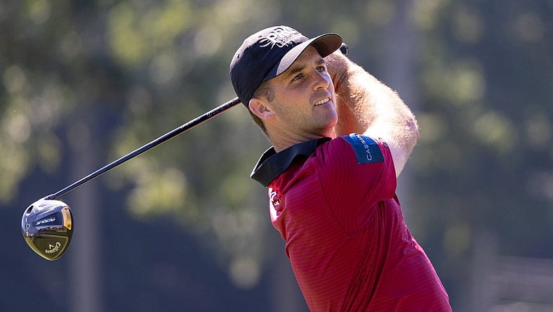 Aug 19, 2022; Wilmington, Delaware, USA; Denny McCarthy plays his shot from the third tee during the second round of the BMW Championship golf tournament. Mandatory Credit: Bill Streicher-USA TODAY Sports