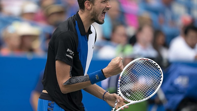 Aug 19, 2022; Cincinnati, OH, USA; Daniil Medvedev (RUS) reacts to the point before he won his match against Taylor Fritz (USA) at the Western & Southern Open at the Lindner Family Tennis Center. Mandatory Credit: Susan Mullane-USA TODAY Sports