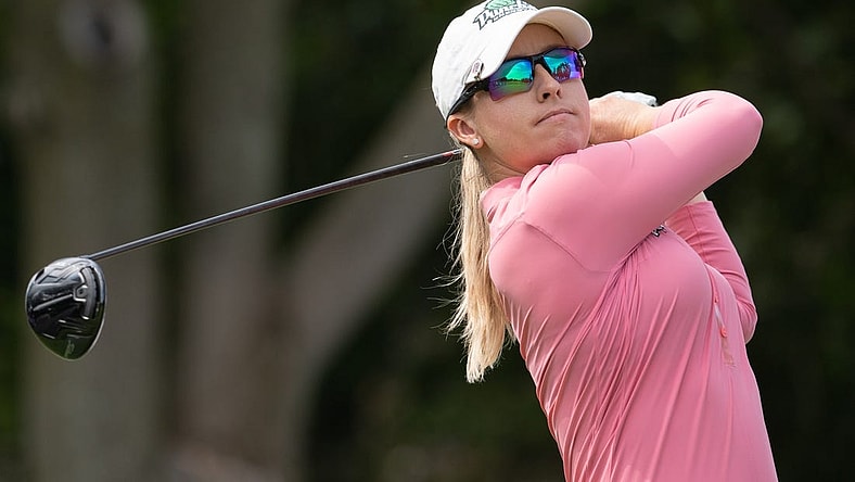 Aug 25, 2022; Ottawa, Ontario, CAN; Jodi Ewart Shadoff of England tees off during the first round of the CP Women's Open golf tournament. Mandatory Credit: Marc DesRosiers-USA TODAY Sports
