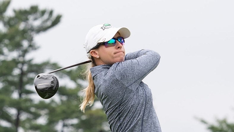 Aug 26, 2022; Ottawa, Ontario, CAN; Jodi Ewart Shadoff fron England tees off during the second round of the CP Women's Open golf tournament. Mandatory Credit: Marc DesRosiers-USA TODAY Sports