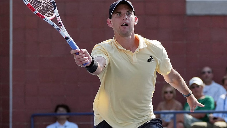 Aug 29, 2022; Flushing, NY, USA;  Dominic Thiem of Austria during his match against Pablo Carreno Busta of Spain on day one of the 2022 U.S. Open tennis tournament at USTA Billie Jean King National Tennis Center. Mandatory Credit: Jerry Lai-USA TODAY Sports
