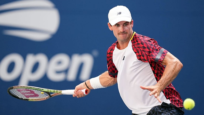 Sep 2, 2022; Flushing, NY, USA; Tommy Paul of the United States hits to Casper Ruud of Norway on day five of the 2022 U.S. Open tennis tournament at USTA Billie Jean King Tennis Center. Mandatory Credit: Danielle Parhizkaran-USA TODAY Sports