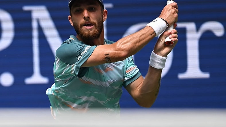 Sept 4, 2022; Flushing, NY, USA;  Corentin Moutet of France hits to Casper Ruud of Norway on day seven of the 2022 U.S. Open tennis tournament at USTA Billie Jean King National Tennis Center. Mandatory Credit: Robert Deutsch-USA TODAY Sports