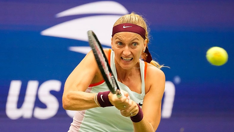 Sept 5, 2022; Flushing, NY, USA; Petra Kvitova of the Czech Republic hits to Jessica Pegula of the USA on day eight of the 2022 U.S. Open tennis tournament at USTA Billie Jean King National Tennis Center. Mandatory Credit: Robert Deutsch-USA TODAY Sports
