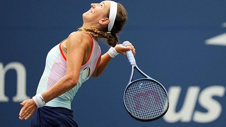 Sep 5, 2022; Flushing, NY, USA; Victoria Azarenka serves to Karolina Pliskova of Czech Republic on day eight of the 2022 U.S. Open tennis tournament at USTA Billie Jean King Tennis Center. Mandatory Credit: Danielle Parhizkaran-USA TODAY Sports