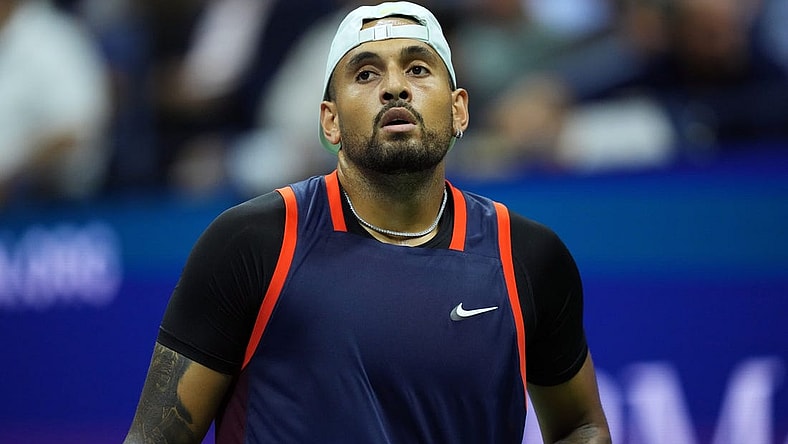 Sep 6, 2022; Flushing, NY, USA; Nick Kyrgios of Australia reacts during a match against Karen Khachanov (not pictured) on day nine of the 2022 U.S. Open tennis tournament at USTA Billie Jean King Tennis Center. Mandatory Credit: Danielle Parhizkaran-USA TODAY Sports