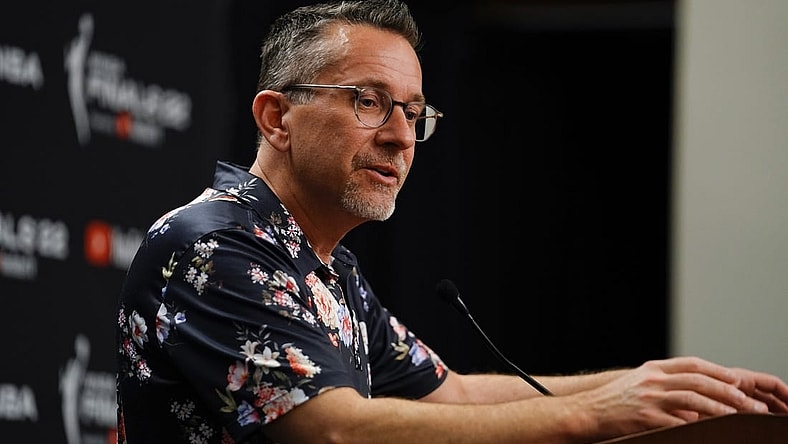 Sep 11, 2022; Las Vegas, Nevada, USA; Connecticut Sun head coach Curt Miller answers questions to the media prior to game one of the 2022 WNBA Finals at Michelob Ultra Arena. Mandatory Credit: Lucas Peltier-USA TODAY Sports