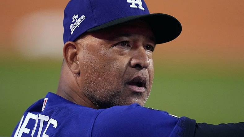 Sep 22, 2022; Los Angeles, California, USA; Los Angeles Dodgers manager Dave Roberts (30) reacts in the third inning against the Arizona Diamondbacks at Dodger Stadium. Mandatory Credit: Kirby Lee-USA TODAY Sports