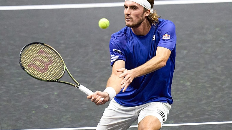 Sep 23, 2022; London, United Kingdom; Stefanos Tsitsipas (GRE) plays a shot against Diego Schwartzman (ARG) in his Laver Cup Tennis match. Mandatory Credit: Peter van den Berg-USA TODAY Sports