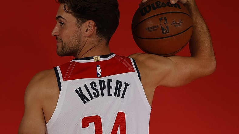 Sep 23, 2022; Washington, D.C., USA; Washington Wizards forward Corey Kispert (24) poses for a portrait during Wizards media day at Capital One Arena. Mandatory Credit: Geoff Burke-USA TODAY Sports