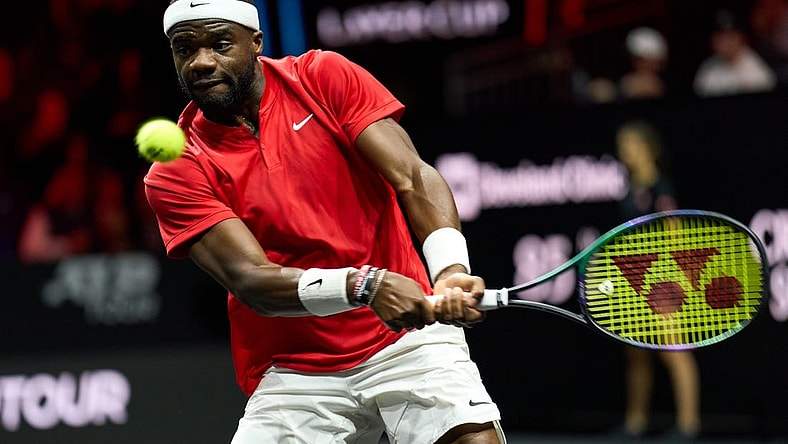 Sep 25, 2022; London, United Kingdom; Frances Tiafoe (USA) plays a shot against Stefanos Tsitsipas (GRE) in Lavers Cup singles. Mandatory Credit: Peter van den Berg-USA TODAY Sports